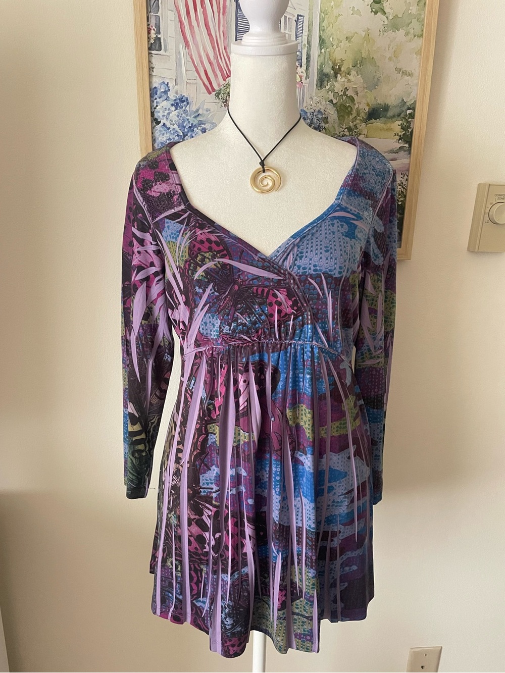 One World Y2K Butterfly Floral Babydoll Empire Waist Tunic Top Purple Large